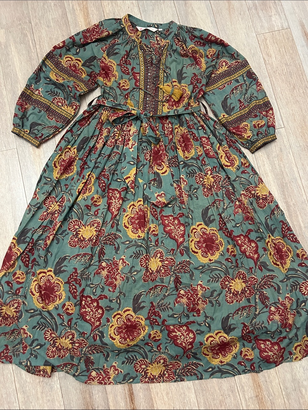 Indian Print belted cotton dress Hand Block Printed Cotton Midi Dress S